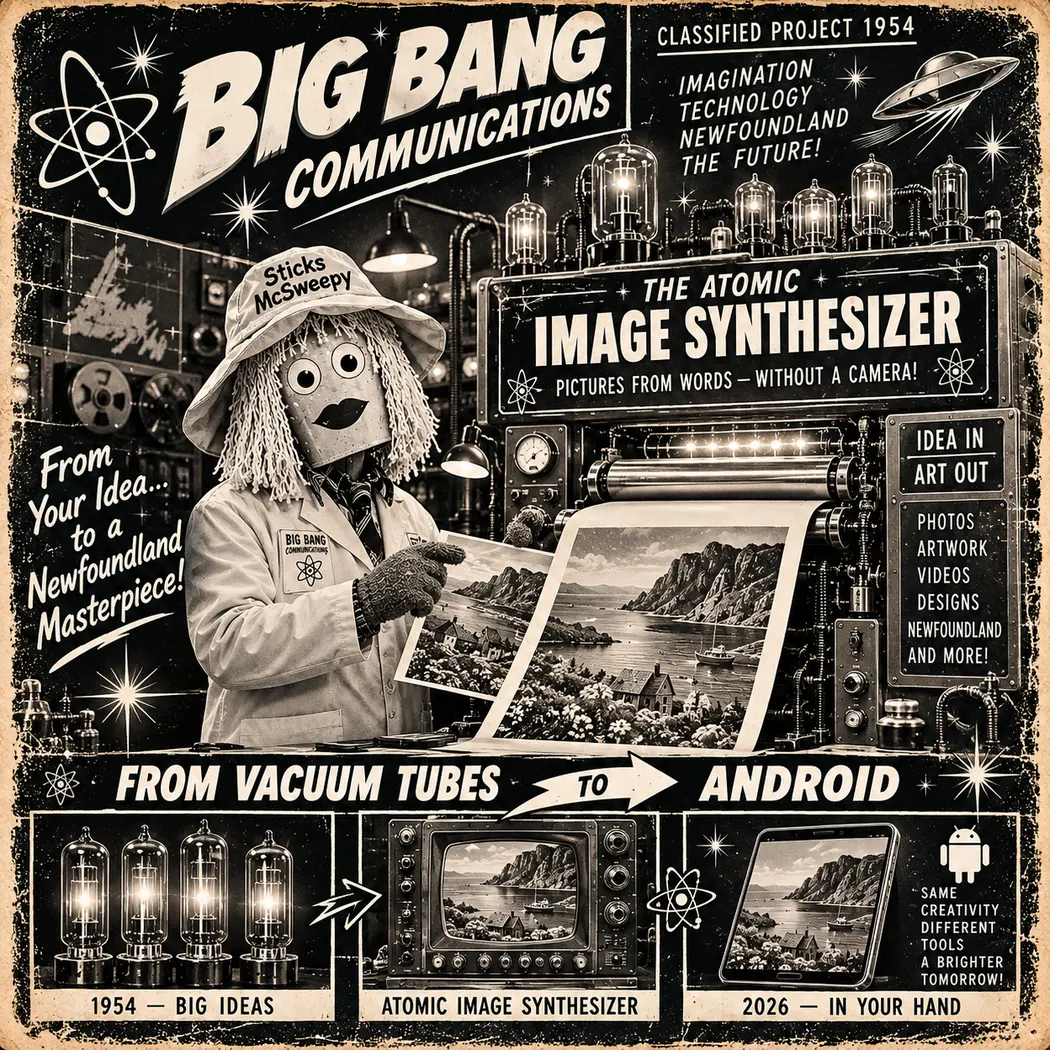 Sticks McSweepy with the fictional Atomic Image Synthesizer in a 1950s laboratory
