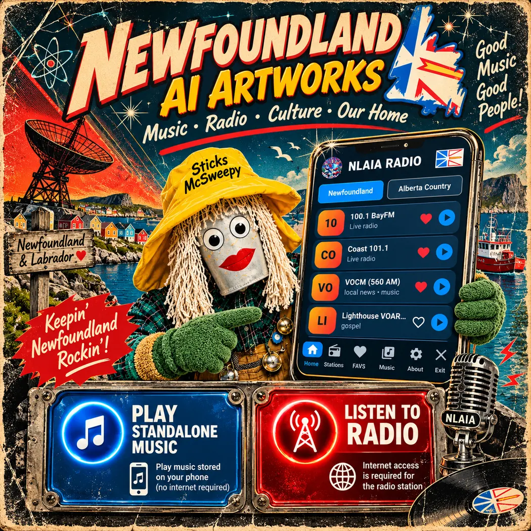 1950s science fiction style Newfoundland AI Artworks radio and music poster