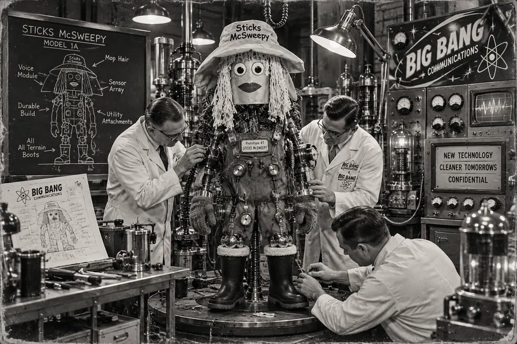Sticks McSweepy being assembled in a fictional 1950s laboratory